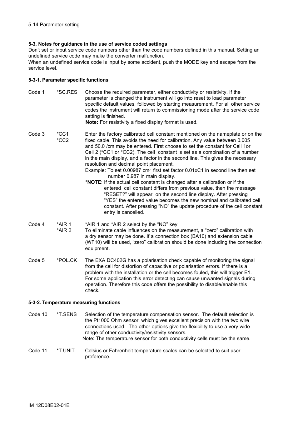3-1. parameter specific functions, 3-2. temperature measuring functions, 3-1. parameter specific functions -14 | 3-2. temperature measuring functions -14 | Yokogawa EXA DC402 Dual-Channel Conductivity Analyzer User Manual | Page 39 / 80