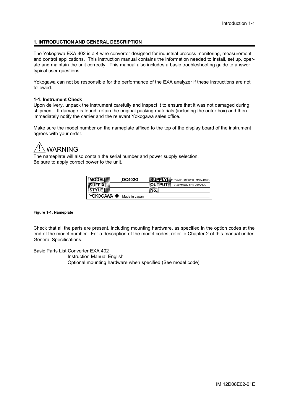 Introduction and general description, 1. instrument check, Introduction and general description -1 | 1. instrument check -1, Warning | Yokogawa EXA DC402 Dual-Channel Conductivity Analyzer User Manual | Page 6 / 80