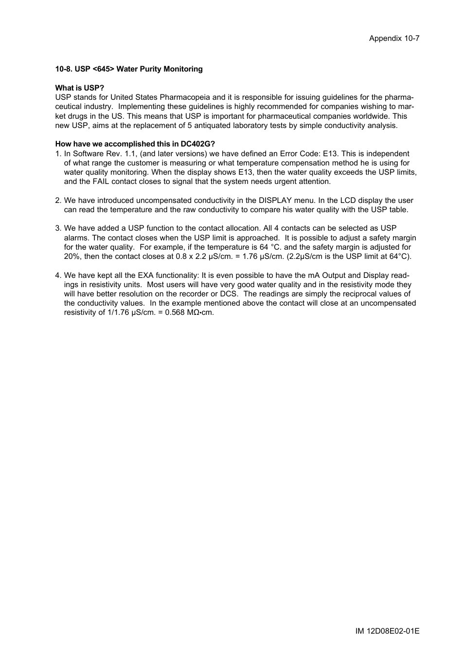 8. usp <645> water purity monitoring, 8. usp <645> water purity monitoring -7 | Yokogawa EXA DC402 Dual-Channel Conductivity Analyzer User Manual | Page 70 / 80