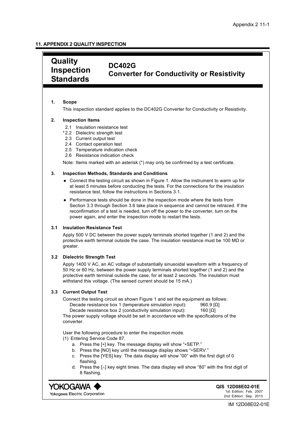 Appendix 2 quality inspection, Appendix 2 quality inspection -1, Quality inspection standards | Dc402g converter for conductivity or resistivity | Yokogawa EXA DC402 Dual-Channel Conductivity Analyzer User Manual | Page 74 / 80