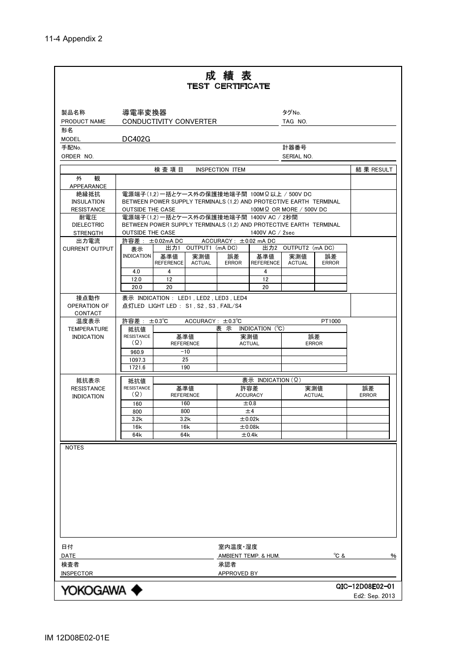 成 績 表, Dc402g, Ｔｅｓｔ ｃｅｒｔｉｆｉｃａｔｅ | Yokogawa EXA DC402 Dual-Channel Conductivity Analyzer User Manual | Page 77 / 80