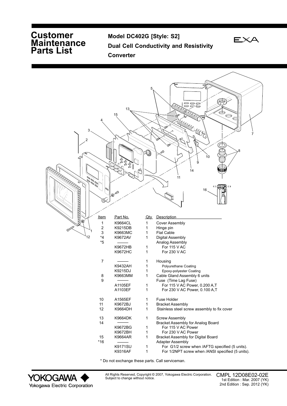 Customer maintenance parts list | Yokogawa EXA DC402 Dual-Channel Conductivity Analyzer User Manual | Page 78 / 80