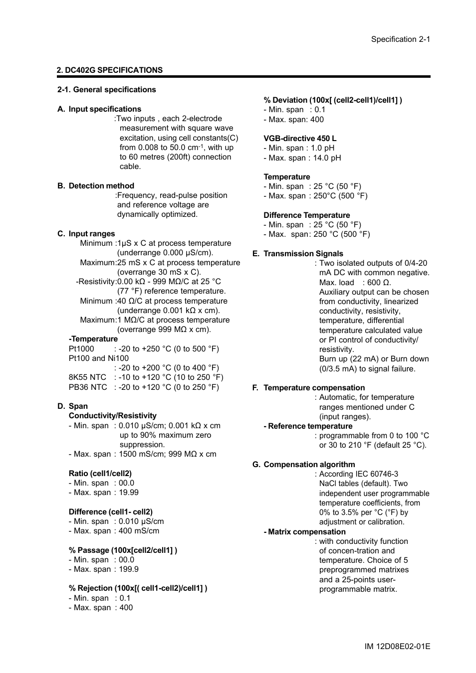 Dc402g specifications, 1. general specifications, Dc402g specifications -1 | 1. general specifications -1 | Yokogawa EXA DC402 Dual-Channel Conductivity Analyzer User Manual | Page 8 / 80