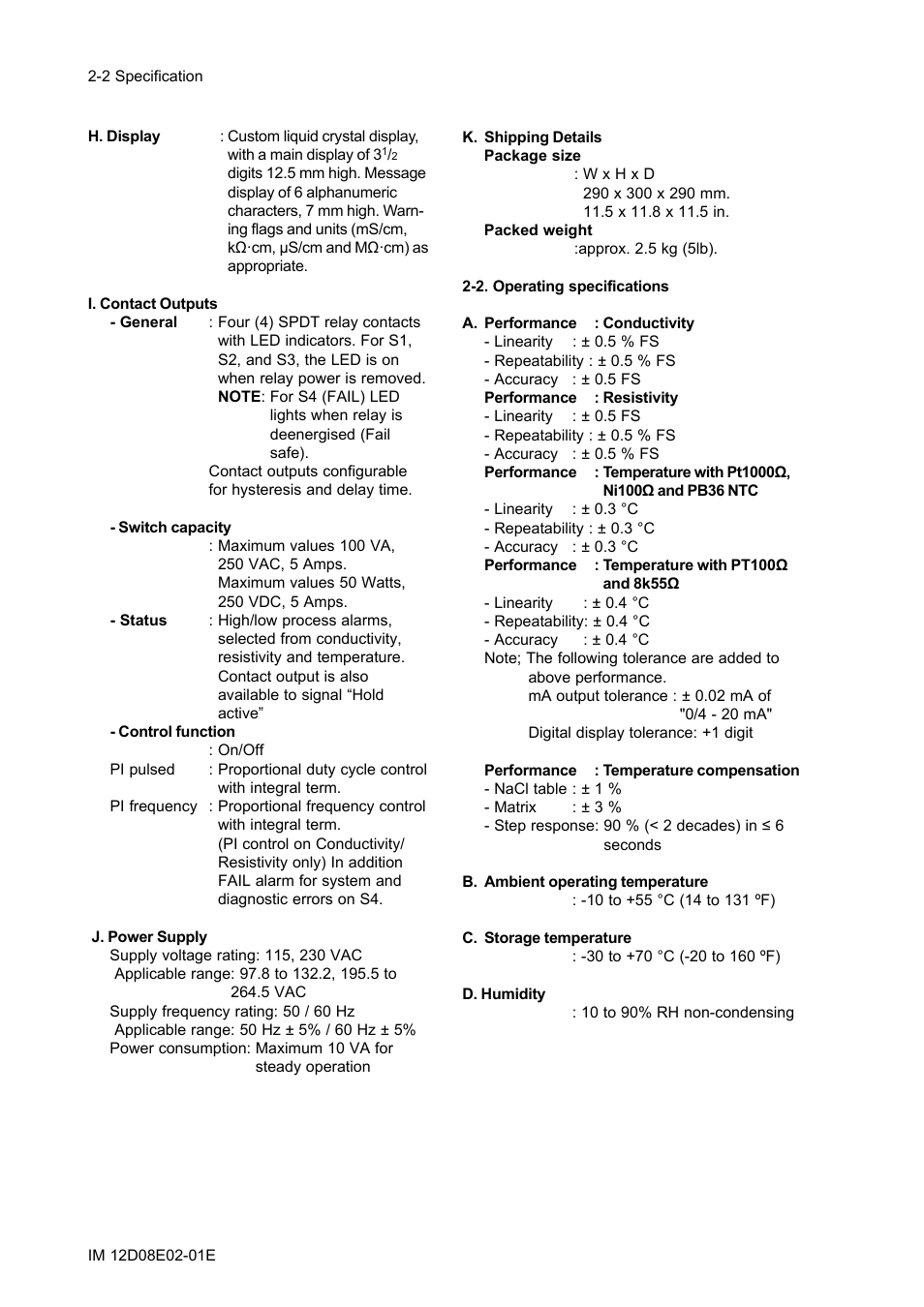2. operating specifications, 2. operating specifications -2 | Yokogawa EXA DC402 Dual-Channel Conductivity Analyzer User Manual | Page 9 / 80