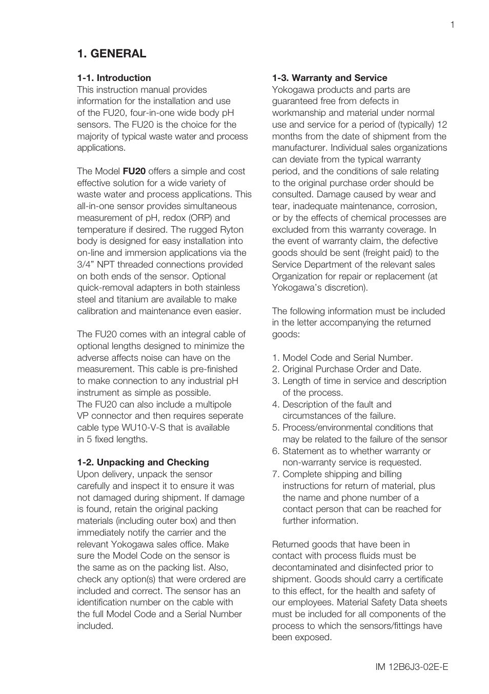 General | Yokogawa FU20/PH20 All-in-One pH/ORP Sensor User Manual | Page 3 / 12