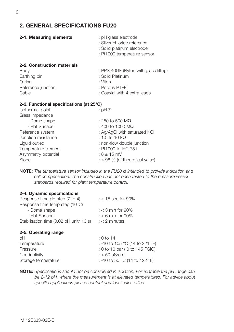 General specifications fu20 | Yokogawa FU20/PH20 All-in-One pH/ORP Sensor User Manual | Page 4 / 12