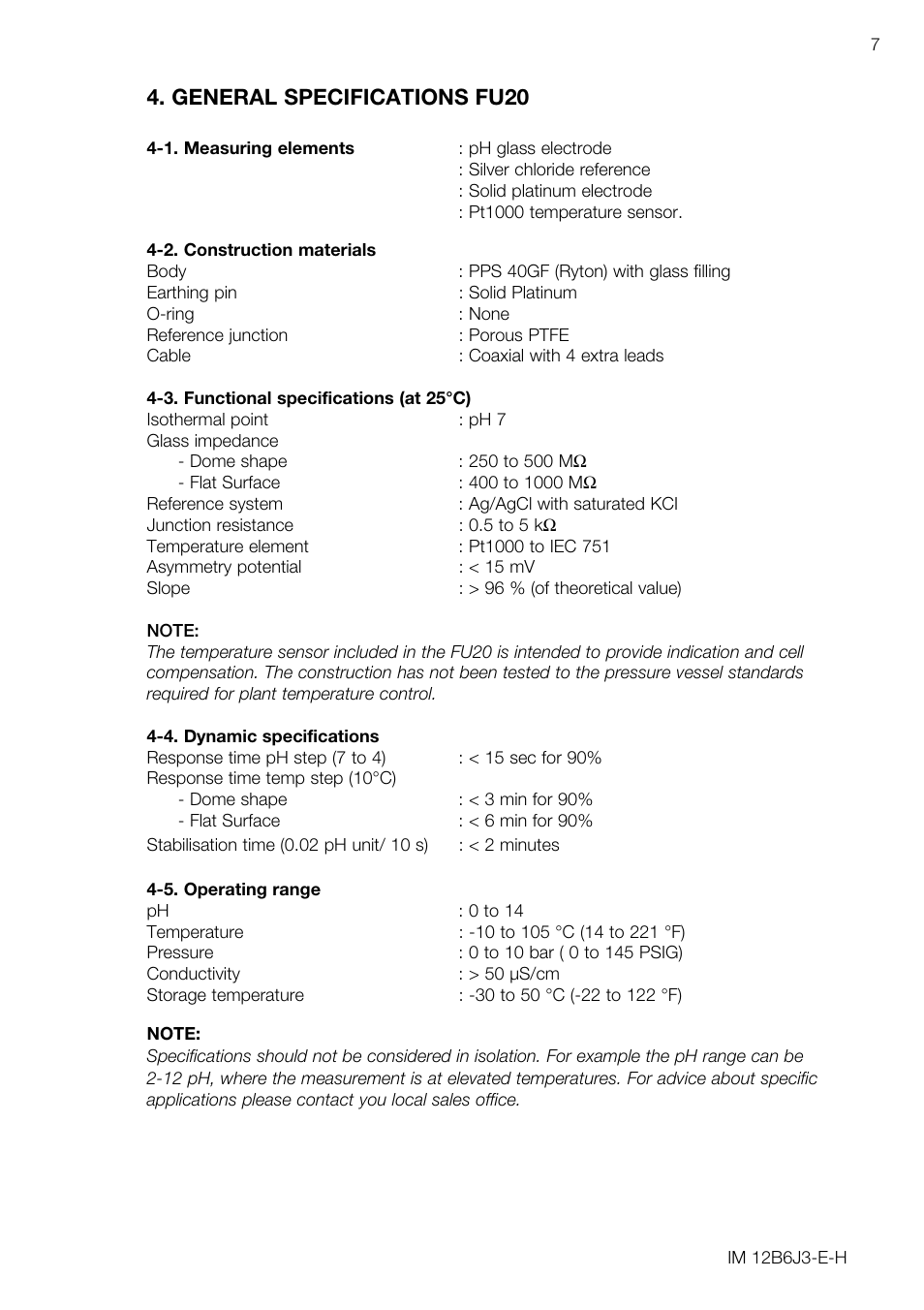 General specifications fu20 | Yokogawa FU20/PH20 All-in-One pH/ORP Sensor User Manual | Page 11 / 20