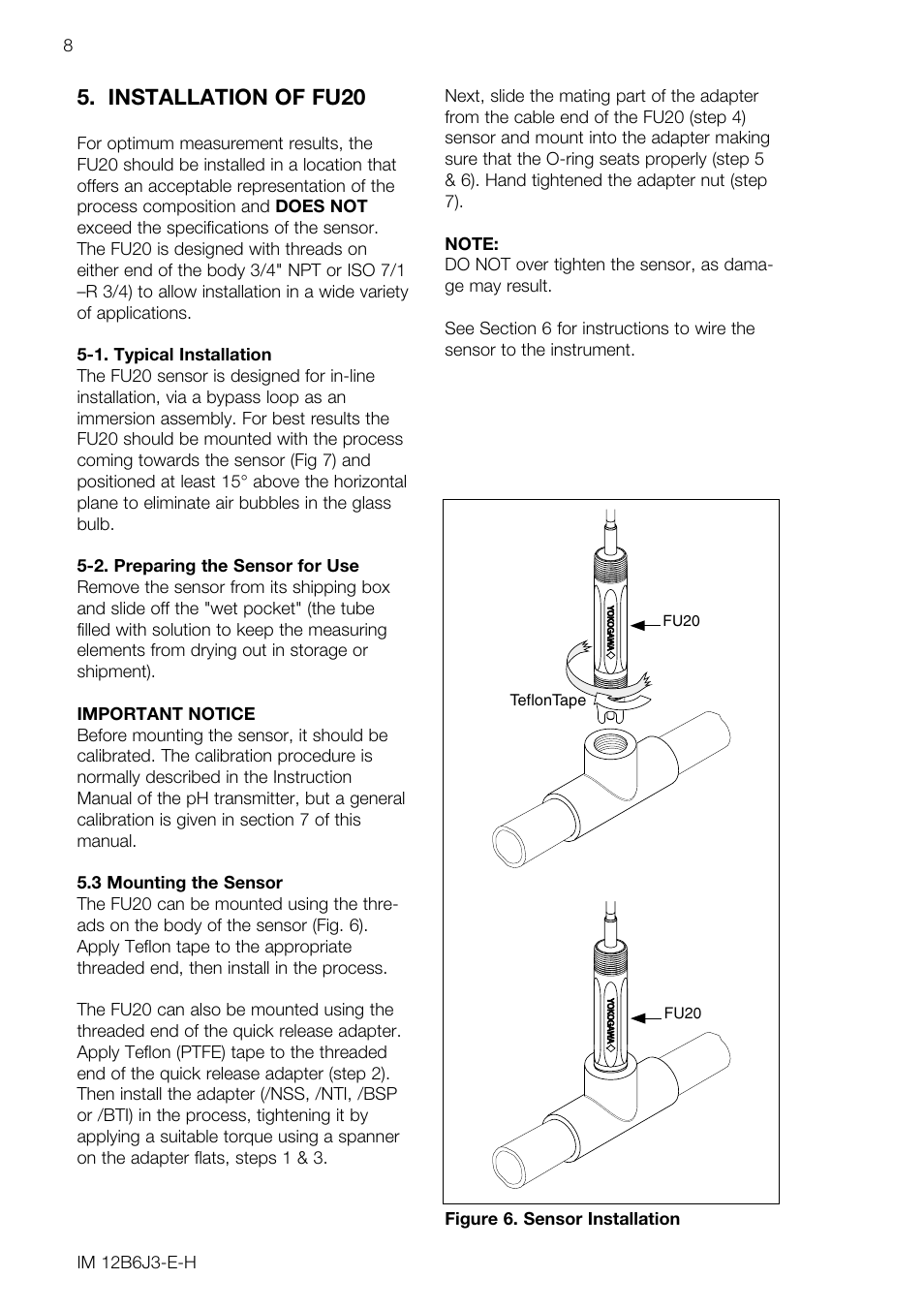 Installation of fu20 | Yokogawa FU20/PH20 All-in-One pH/ORP Sensor User Manual | Page 12 / 20