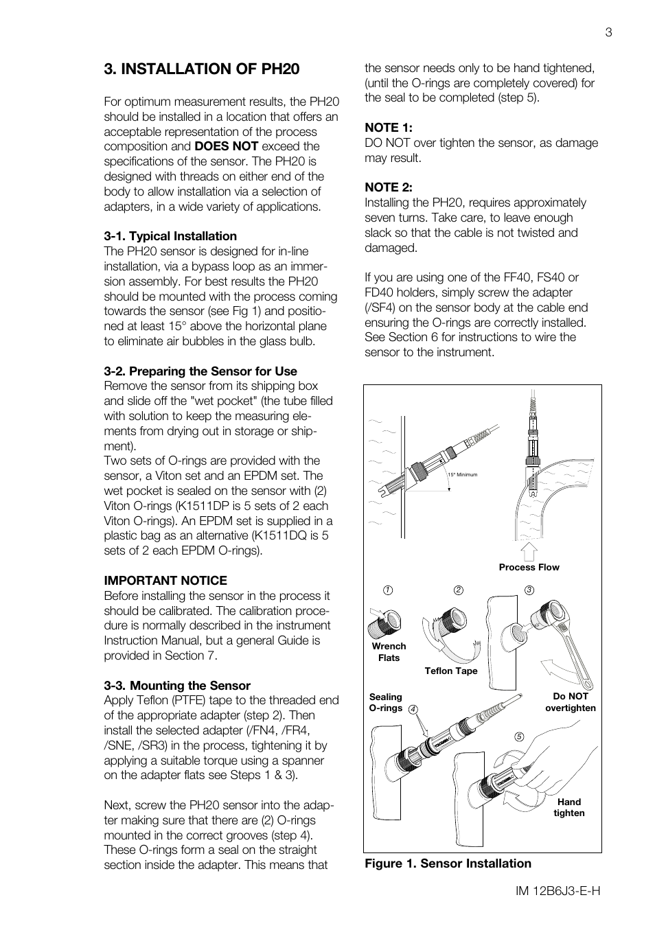 Installation of ph20, Figure 1. sensor installation | Yokogawa FU20/PH20 All-in-One pH/ORP Sensor User Manual | Page 7 / 20