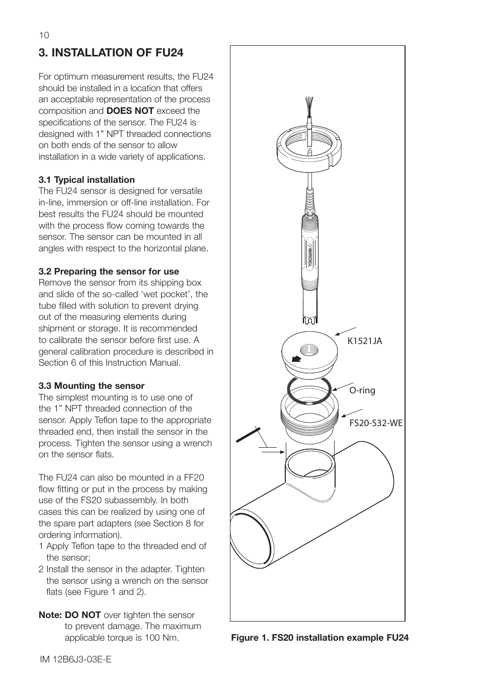 Installation of fu24, 1 typical installation, 2 preparing the sensor for use | 3 mounting the sensor | Yokogawa FU24 All-in-One pH/ORP Sensor User Manual | Page 10 / 20