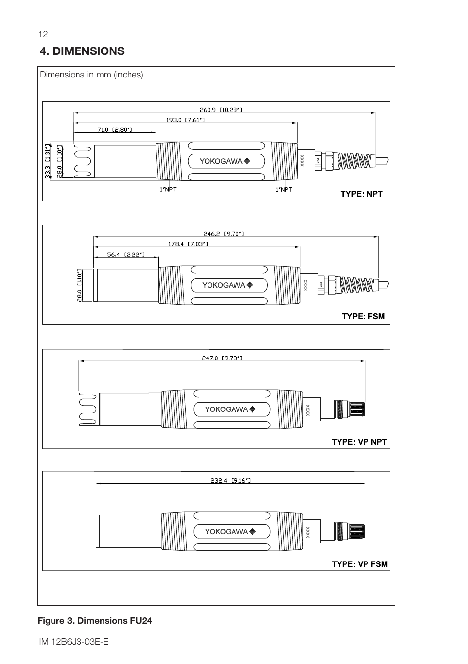 Dimensions | Yokogawa FU24 All-in-One pH/ORP Sensor User Manual | Page 12 / 20