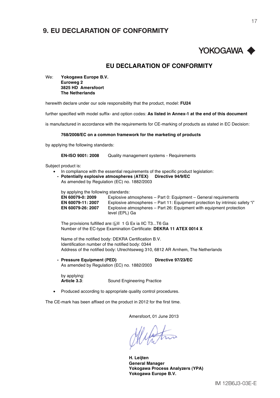 Eu declaration of conformity, Yokogawa | Yokogawa FU24 All-in-One pH/ORP Sensor User Manual | Page 17 / 20