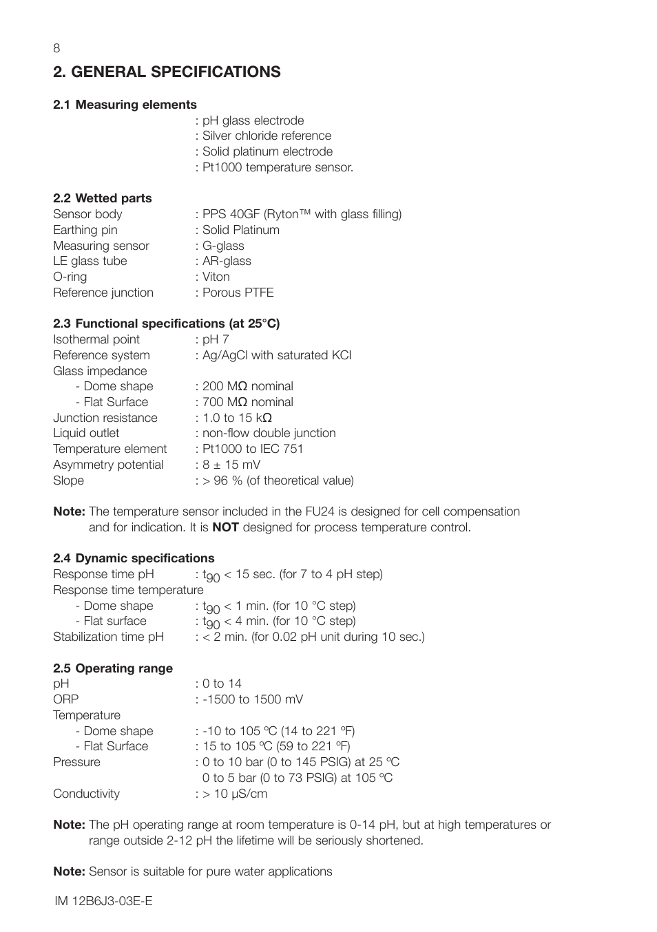 General specifications, 1 measuring elements, 2 wetted parts | 3 functional specifications (at 25°c), 4 dynamic specifications, 5 operating range | Yokogawa FU24 All-in-One pH/ORP Sensor User Manual | Page 8 / 20