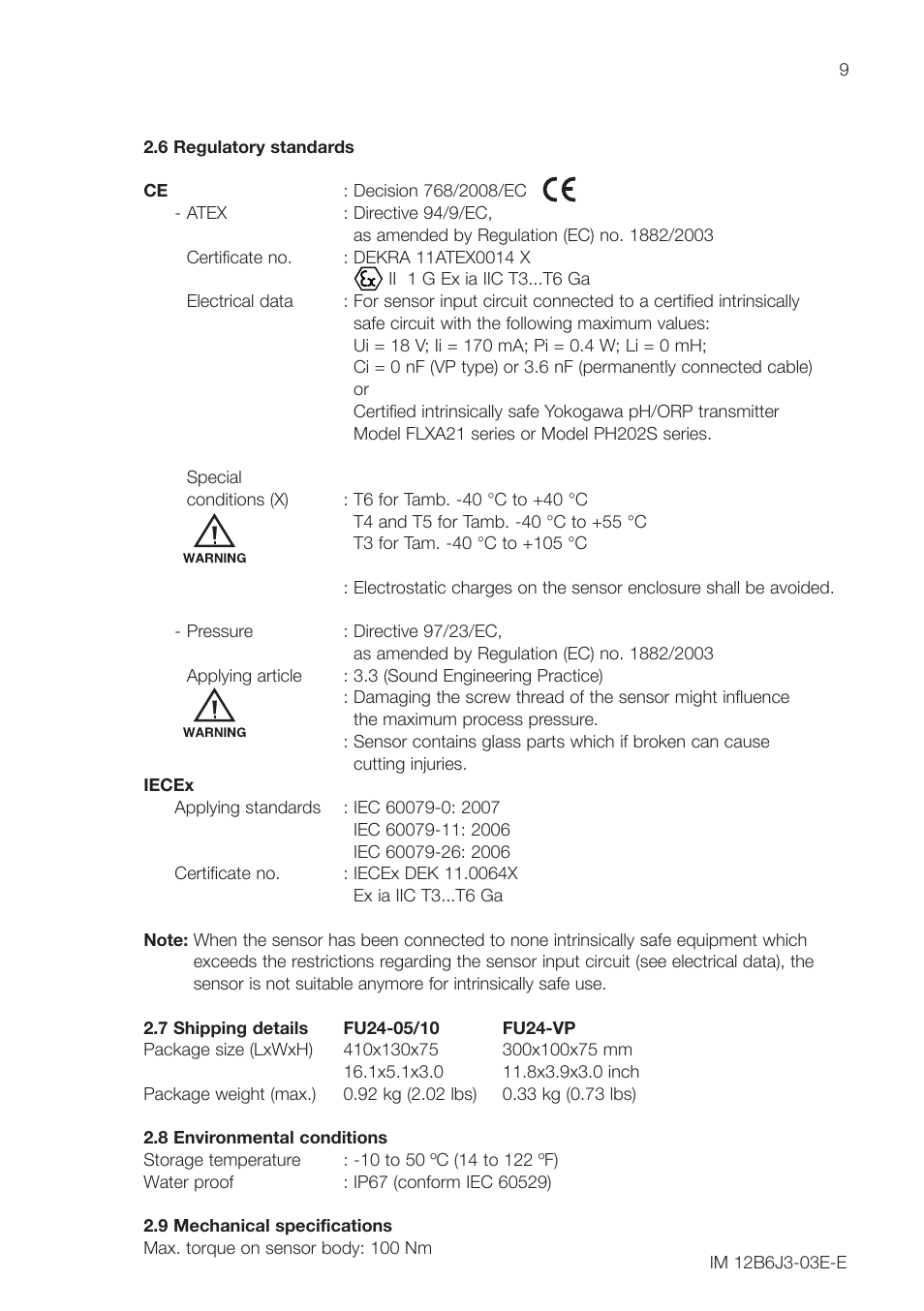 6 regulatory standards, 7 shipping details fu24-05/10 fu24-vp, 8 environmental conditions | 9 mechanical specifications, 7 shipping details | Yokogawa FU24 All-in-One pH/ORP Sensor User Manual | Page 9 / 20