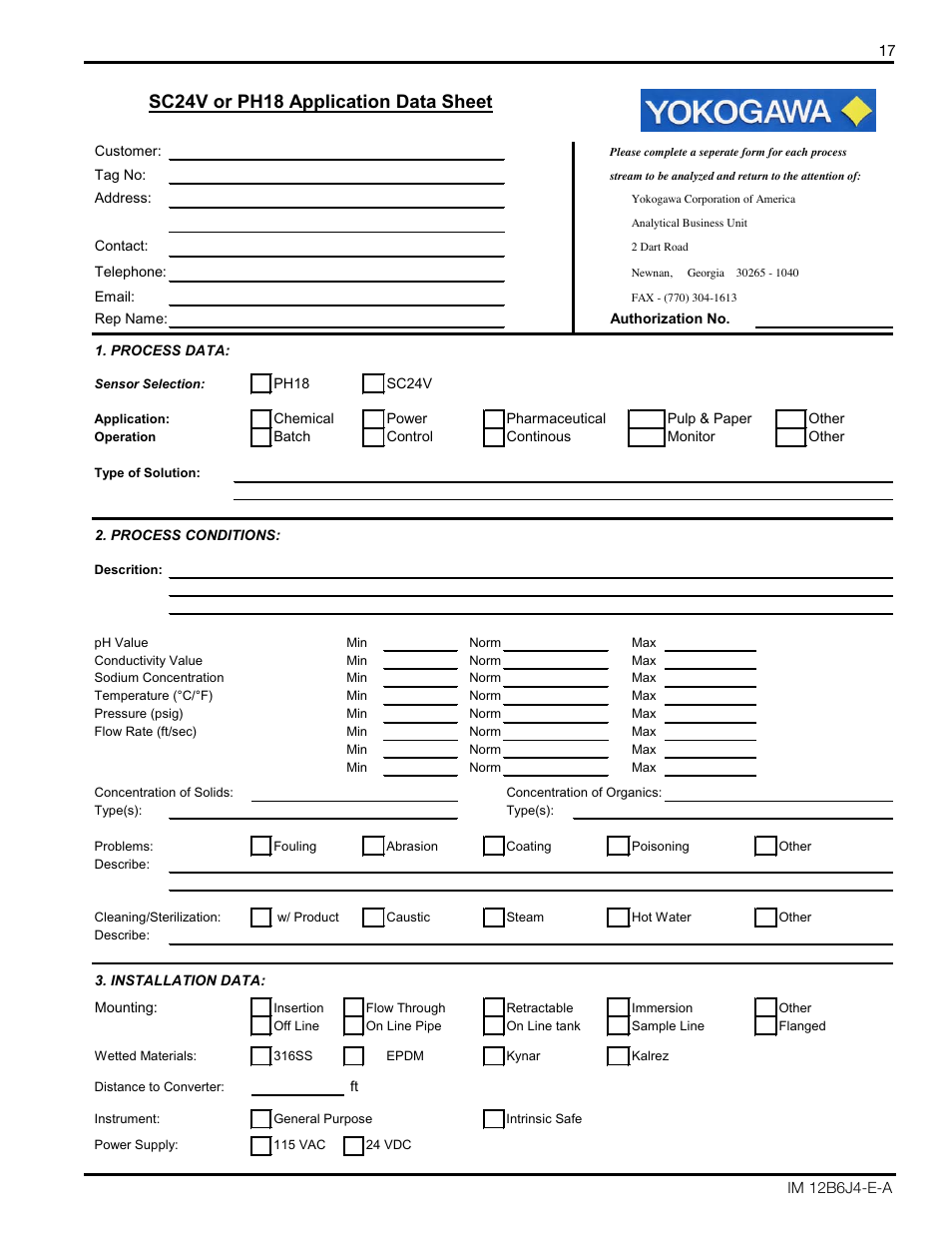 Sc24v or ph18 application data sheet | Yokogawa PH18 Differential pH Sensor User Manual | Page 17 / 18