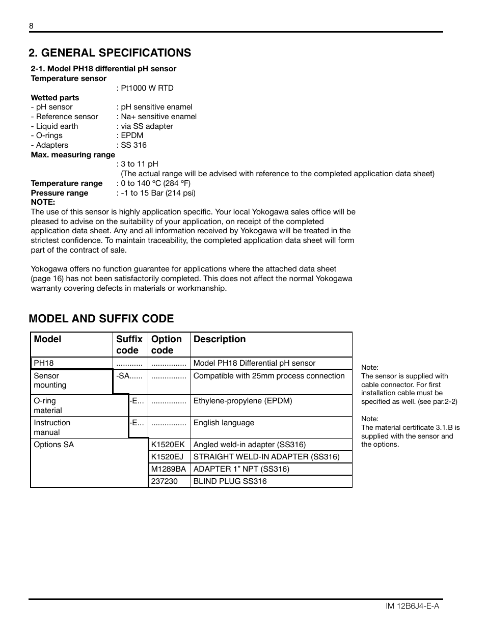 Model and suffix code 2. general specifications | Yokogawa PH18 Differential pH Sensor User Manual | Page 8 / 18