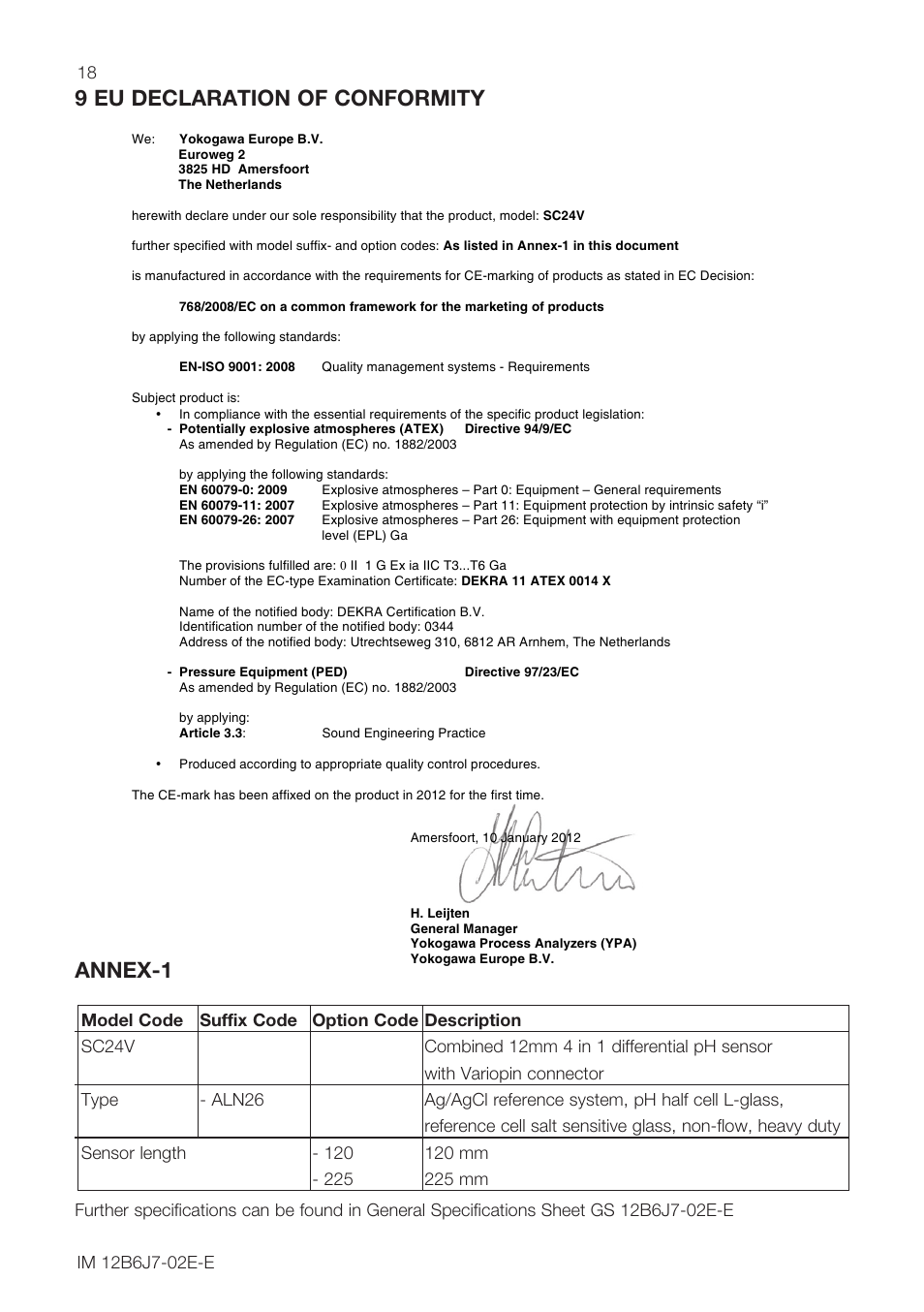 Zplphbx b 9 eu declaration of conformity annex-1, Eu declaration of conformity | Yokogawa SC24V Differential pH ORP Electrode User Manual | Page 18 / 20