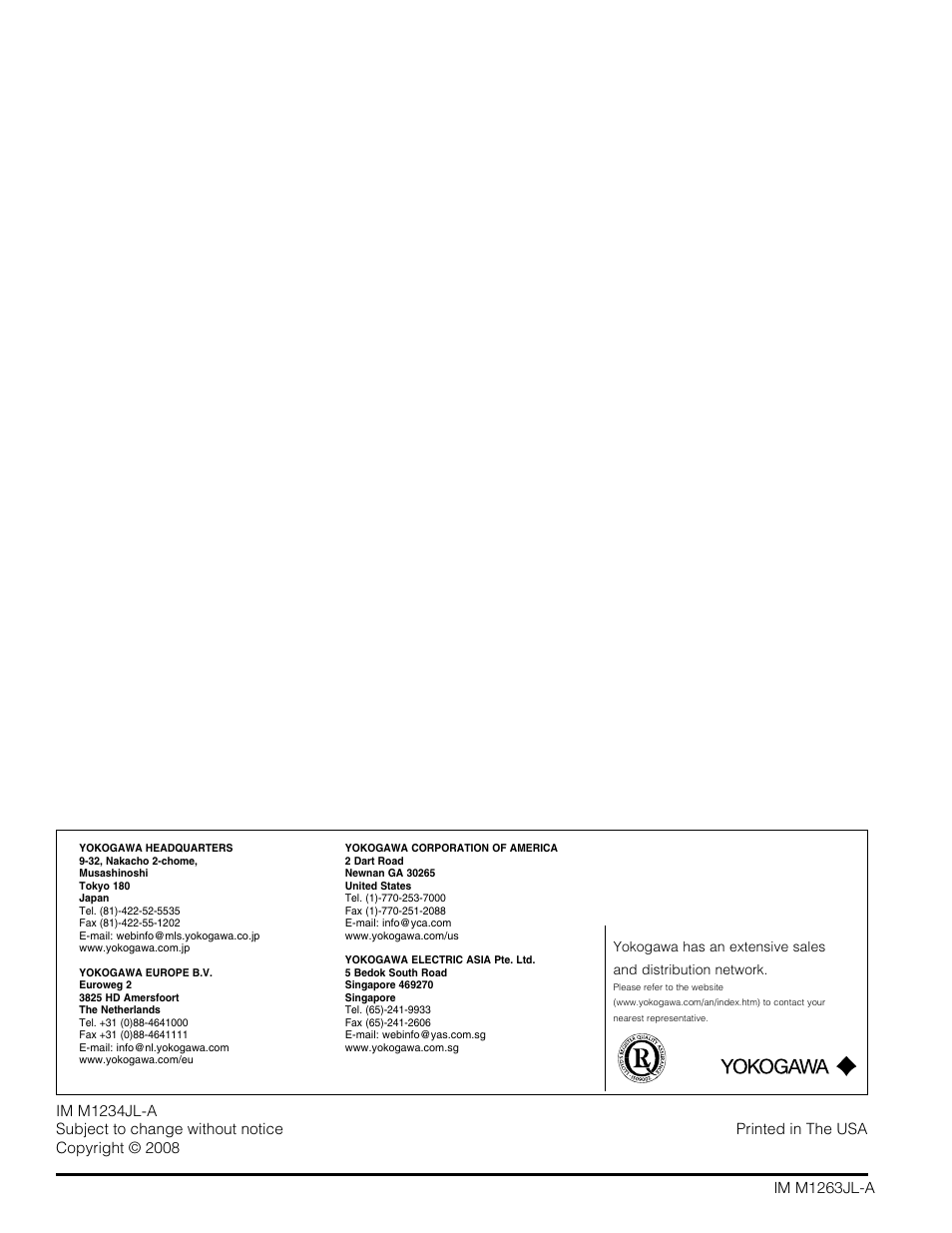 Yokogawa pH/ORP Retractable PH97 User Manual | Page 20 / 20
