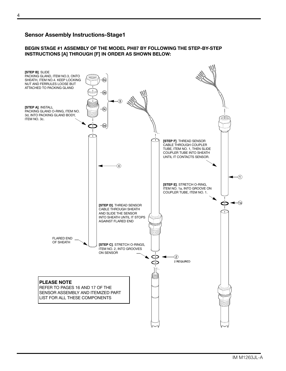 Sensor assembly instructions—stage1, Model ph87 retraction sensor assembly | Yokogawa pH/ORP Retractable PH97 User Manual | Page 4 / 20