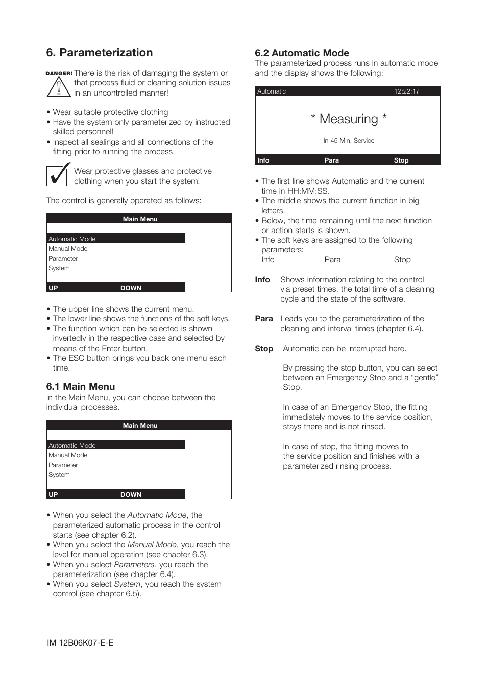 Measuring, Parameterization, 1 main menu | 2 automatic mode | Yokogawa Pneumatic Retractables RF20H User Manual | Page 12 / 20