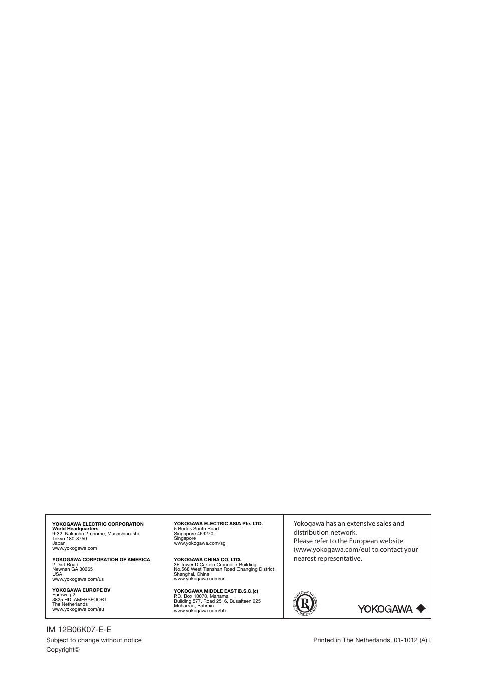 Yokogawa Pneumatic Retractables RF20H User Manual | Page 20 / 20