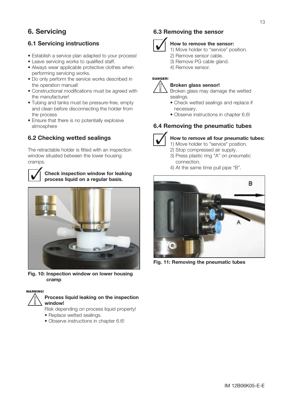 6servicing, 1 servicing instructions, 2 checking wetted sealings | Abb. 11: removing the pneumatic tubes, Warning | Yokogawa Pneumatic Retractables RF20H User Manual | Page 13 / 28