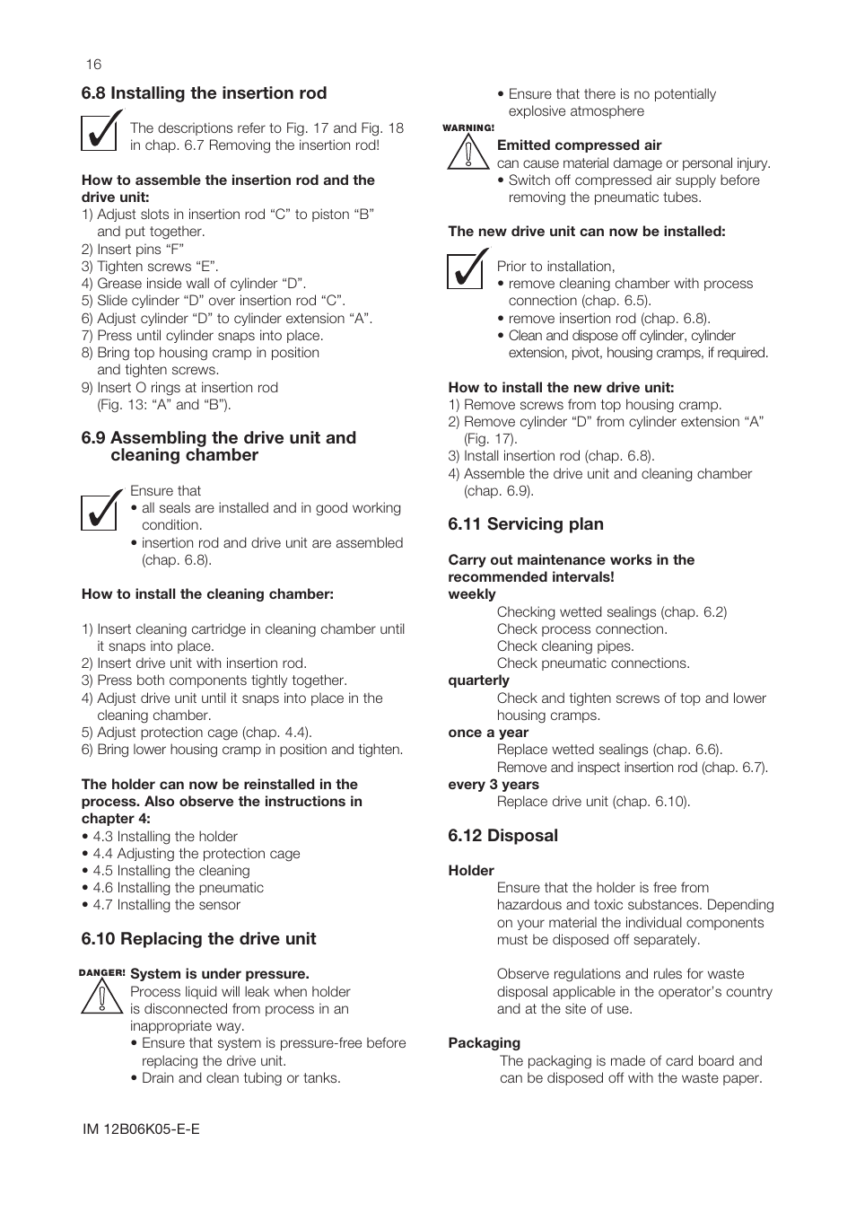 8 installing the insertion rod, 9 assembling the drive unit and cleaning chamber, 10 replacing the drive unit | 11 servicing plan, 12 disposal | Yokogawa Pneumatic Retractables RF20H User Manual | Page 16 / 28