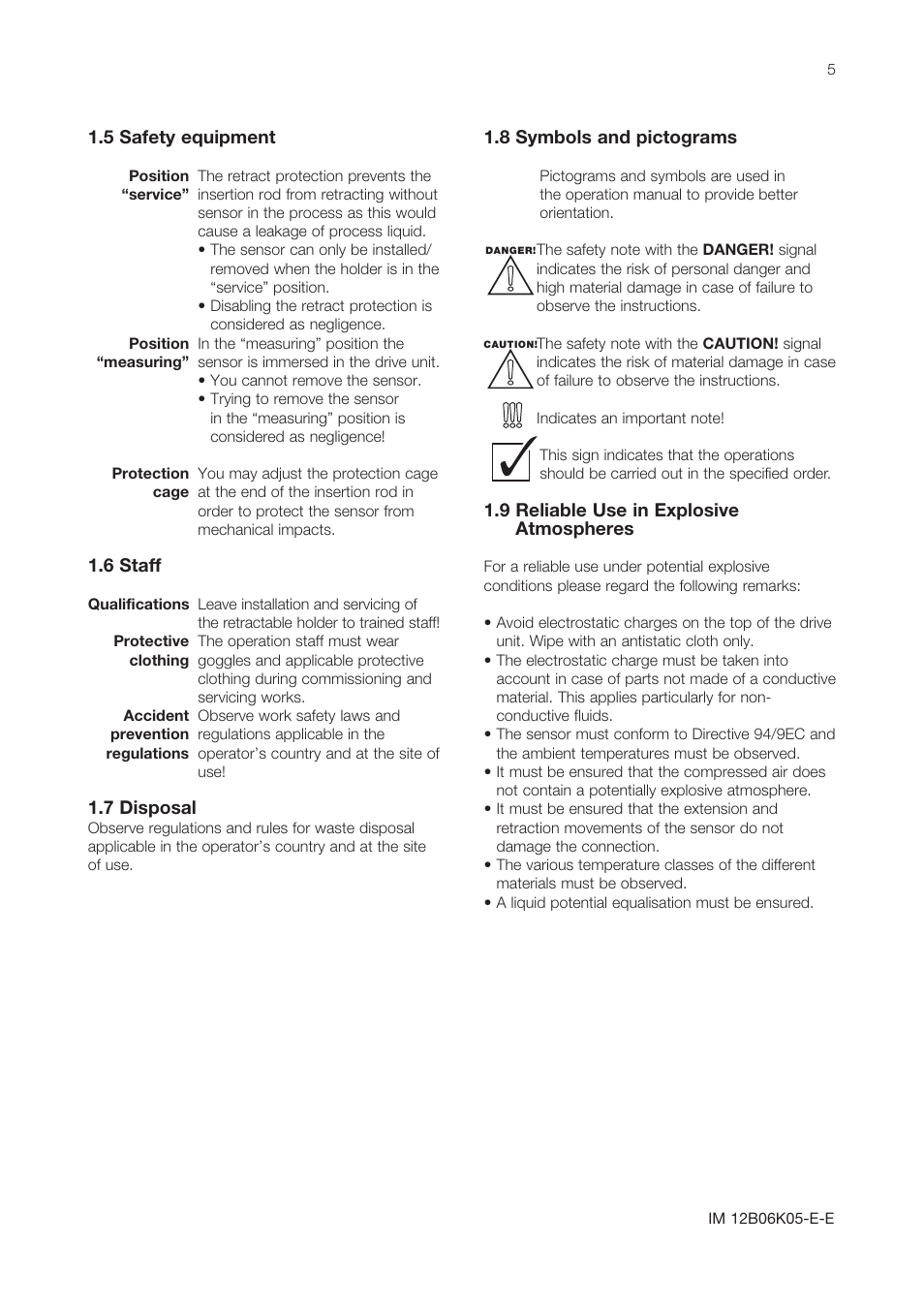 5 safety equipment, 6 staff, 7 disposal | 8 symbols and pictograms, 9 reliable use in explosive atmospheres | Yokogawa Pneumatic Retractables RF20H User Manual | Page 5 / 28