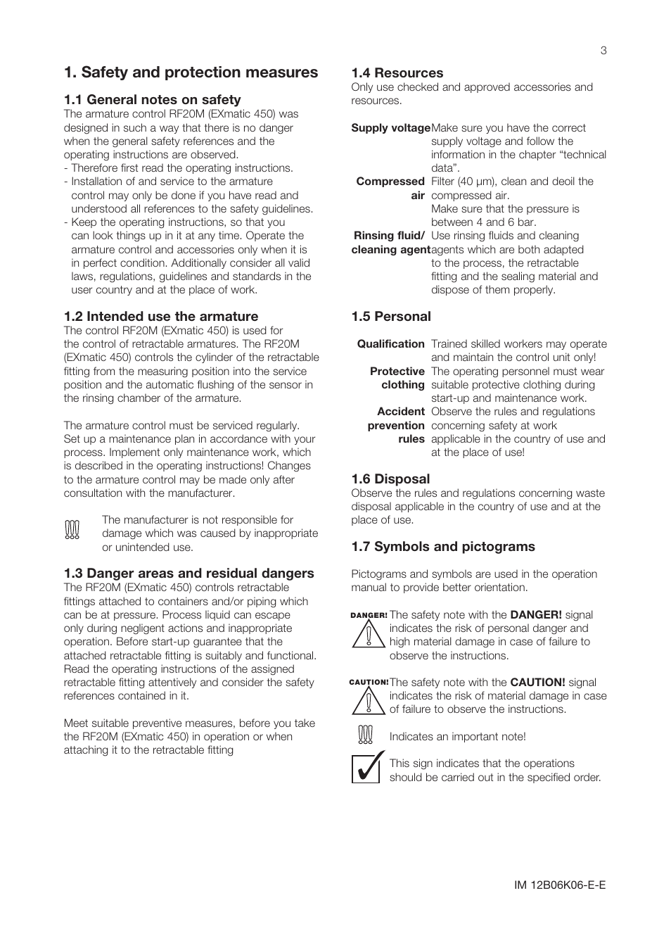 Safety and protection measures, 2 intended use the armature, 3 danger areas and residual dangers | 4 resources, 5 personal, 6 disposal, 7 symbols and pictograms | Yokogawa Pneumatic Retractables RF20H User Manual | Page 3 / 8