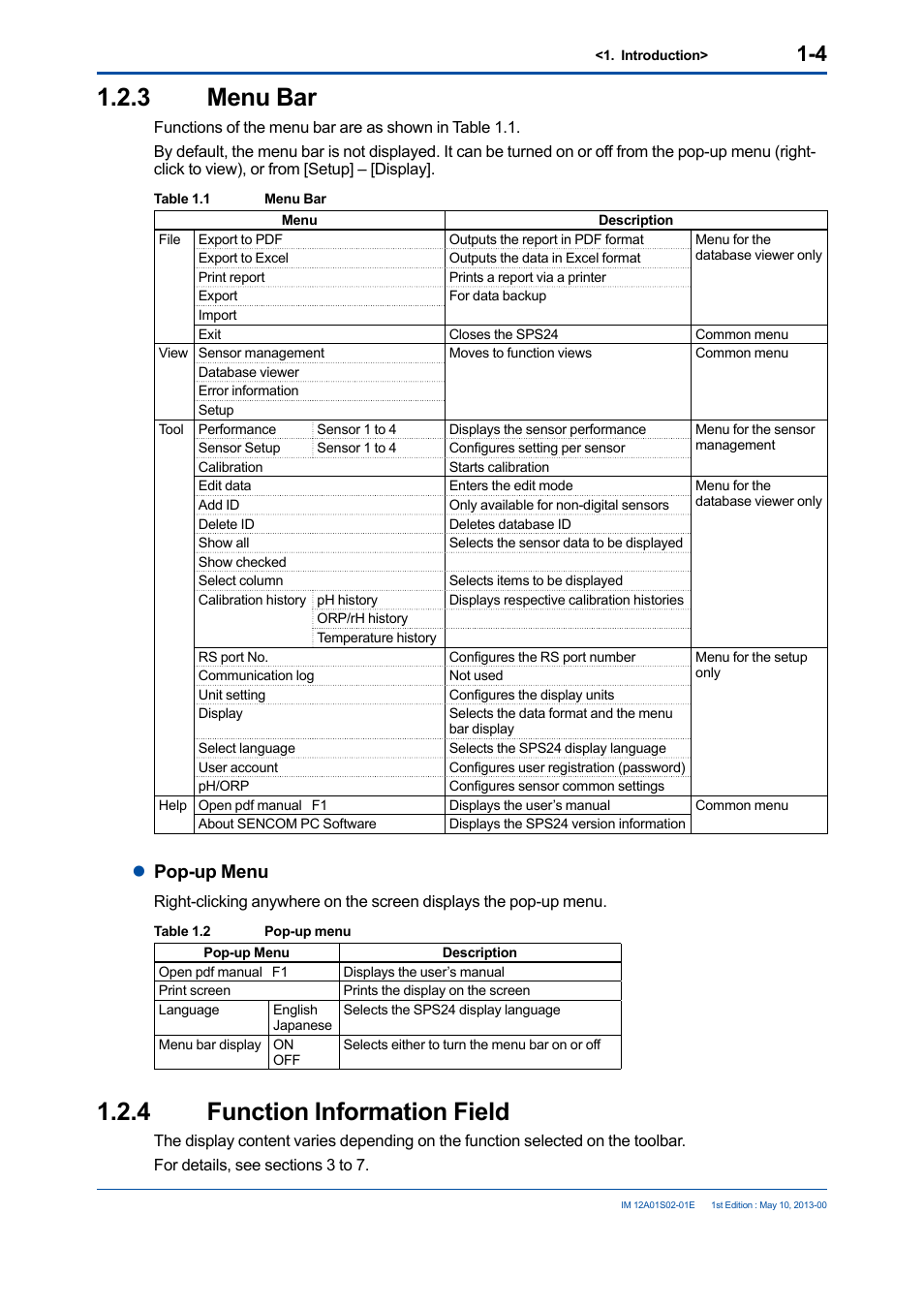 3 menu bar, 4 function information field, Menu bar -4 | Function information field -4, Lpop-up menu | Yokogawa SPS24 User Manual | Page 10 / 35