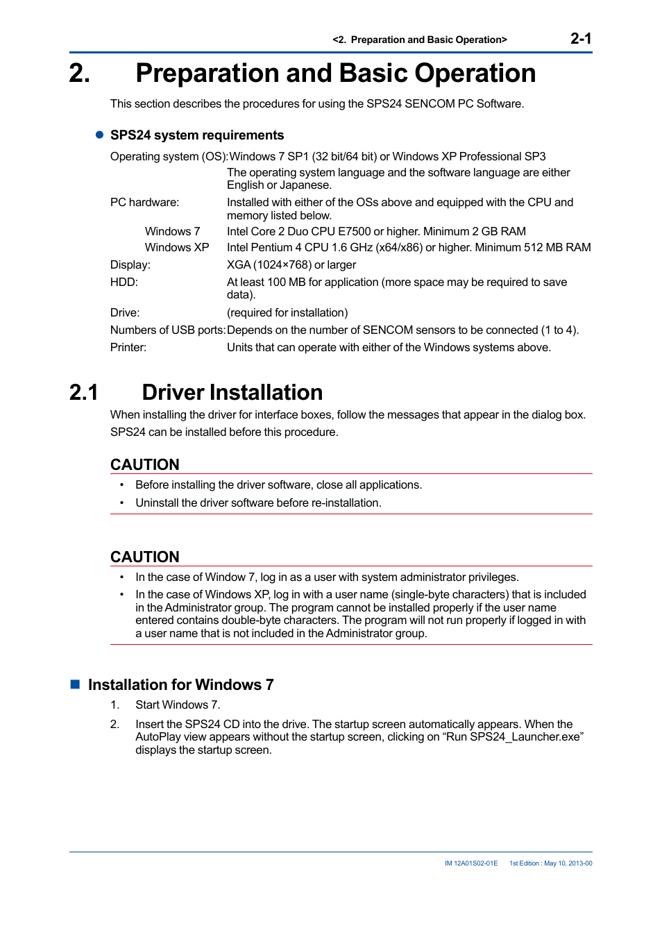 Preparation and basic operation, 1 driver installation, Preparation and basic operation -1 | Driver installation -1, Caution, Ninstallation for windows 7 | Yokogawa SPS24 User Manual | Page 11 / 35