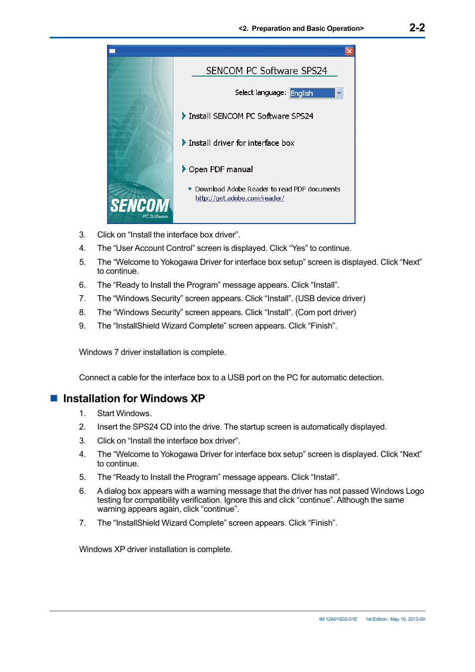 Ninstallation for windows xp | Yokogawa SPS24 User Manual | Page 12 / 35