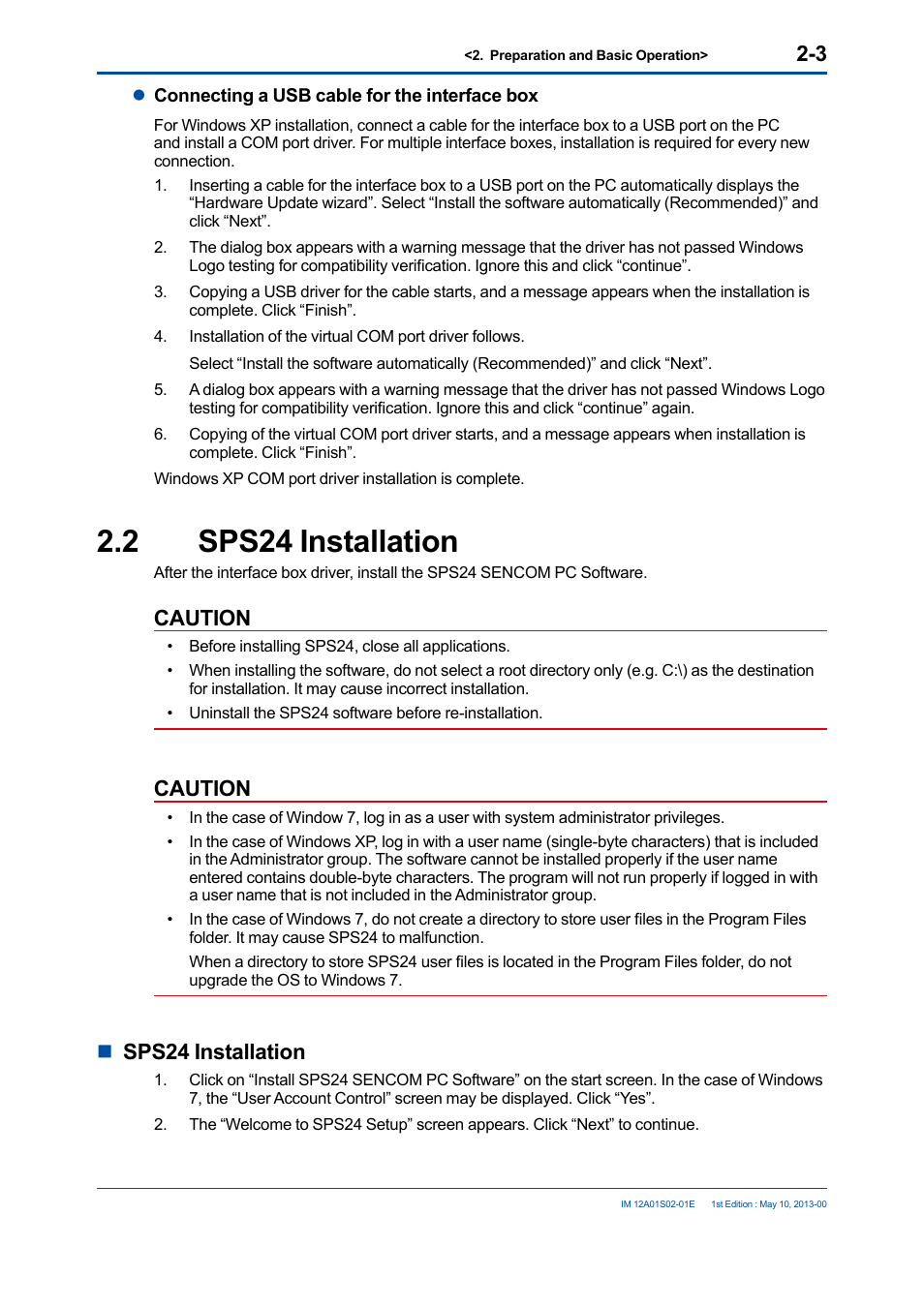 2 sps24 installation, Sps24 installation -3, Caution | Nsps24 installation | Yokogawa SPS24 User Manual | Page 13 / 35