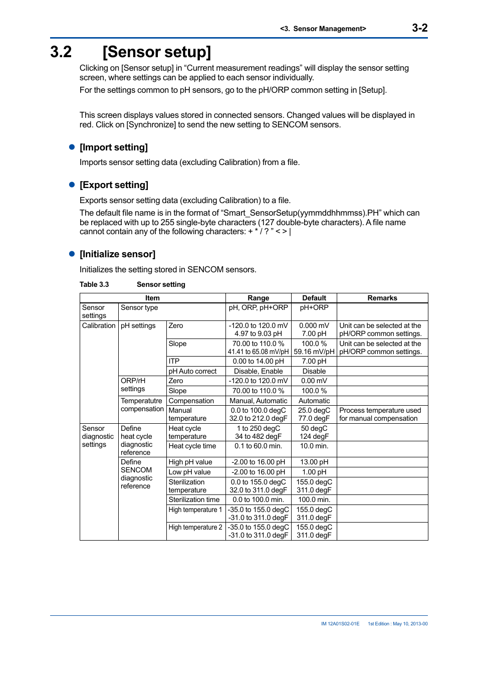 2 [sensor setup, Sensor setup] -2, L[import setting | L[export setting, L[initialize sensor | Yokogawa SPS24 User Manual | Page 19 / 35