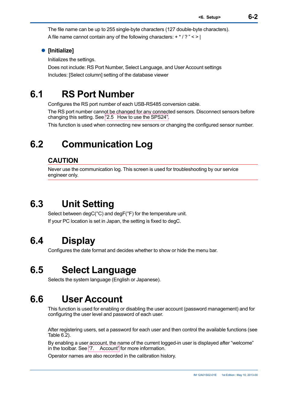 1 rs port number, 2 communication log, 3 unit setting | 4 display, 5 select language, 6 user account, Rs port number -2, Communication log -2, Unit setting -2, 4 display -2 6.5 | Yokogawa SPS24 User Manual | Page 28 / 35