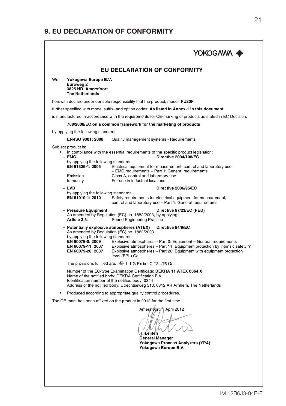 21 9. eu declaration of conformity, Eu declaration of conformity | Yokogawa FU20F User Manual | Page 21 / 24