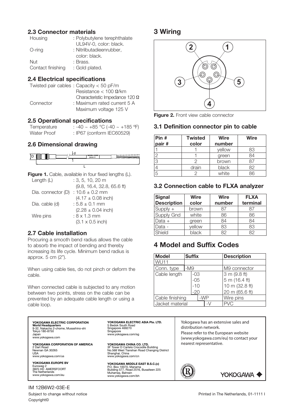 3 wiring, 4 model and suffix codes, 3 connector materials | 4 electrical specifications, 5 operational specifications, 6 dimensional drawing, 7 cable installation, 1 definition connector pin to cable, 2 connection cable to flxa analyzer | Yokogawa SC25F User Manual | Page 2 / 2