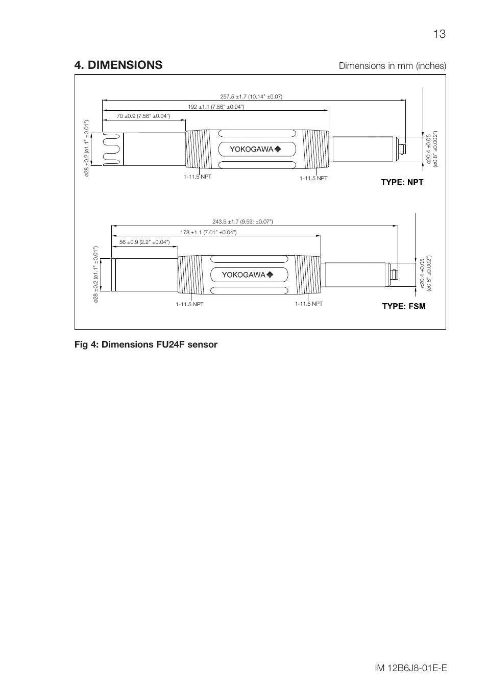 13 4. dimensions, Fig 4: dimensions fu24f sensor, Dimensions in mm (inches) | Yokogawa FU24F User Manual | Page 13 / 20