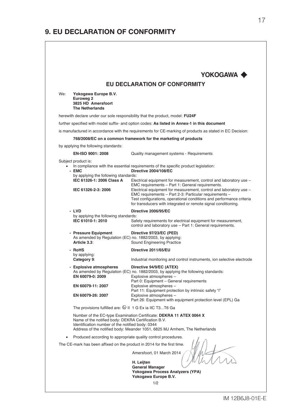 17 9. eu declaration of conformity, Yokogawa, Eu declaration of conformity | Yokogawa FU24F User Manual | Page 17 / 20