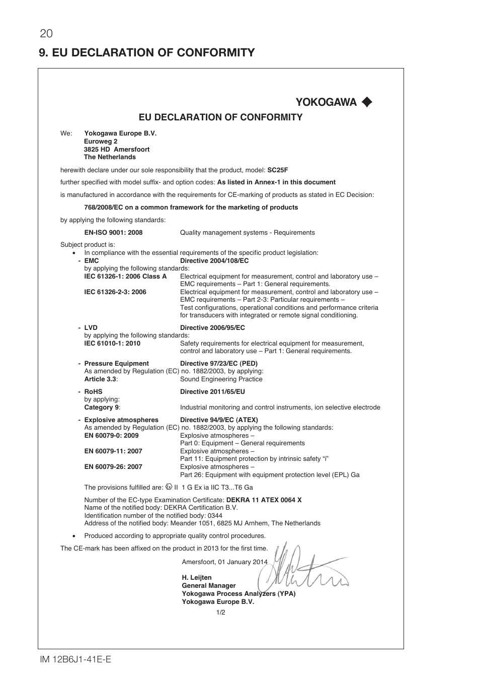 Eu declaration of conformity, 20 9. eu declaration of conformity, Yokogawa | Yokogawa SC25F User Manual | Page 20 / 24