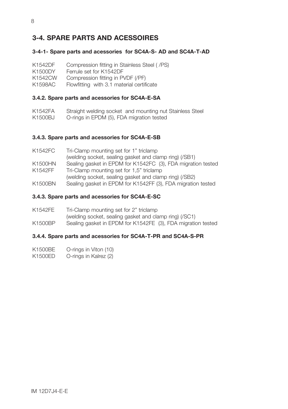 4. spare parts and acessoires | Yokogawa SC4A 19mm Conductivity Sensors User Manual | Page 10 / 12