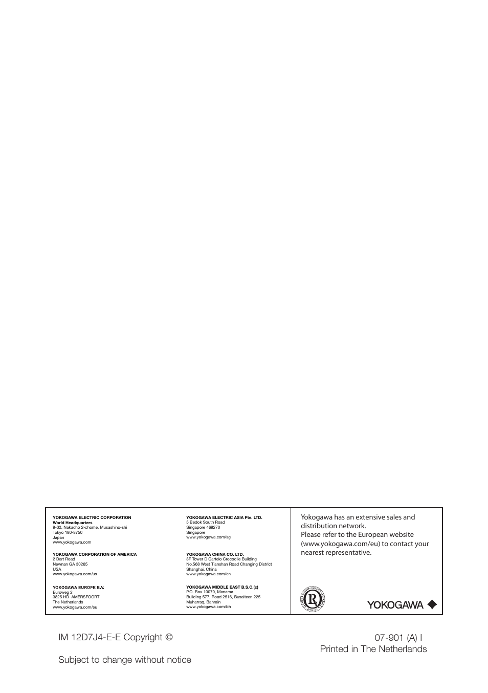 Yokogawa | Yokogawa SC4A 19mm Conductivity Sensors User Manual | Page 12 / 12