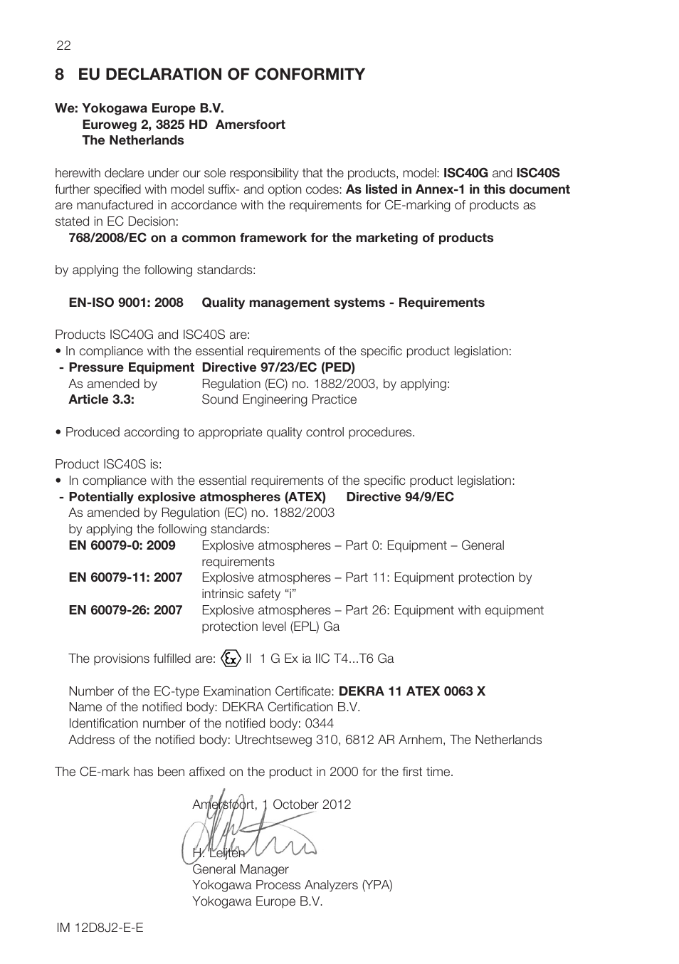 8 eu declaration of conformity | Yokogawa ISC40 Inductive Conductivity Sensor User Manual | Page 22 / 36