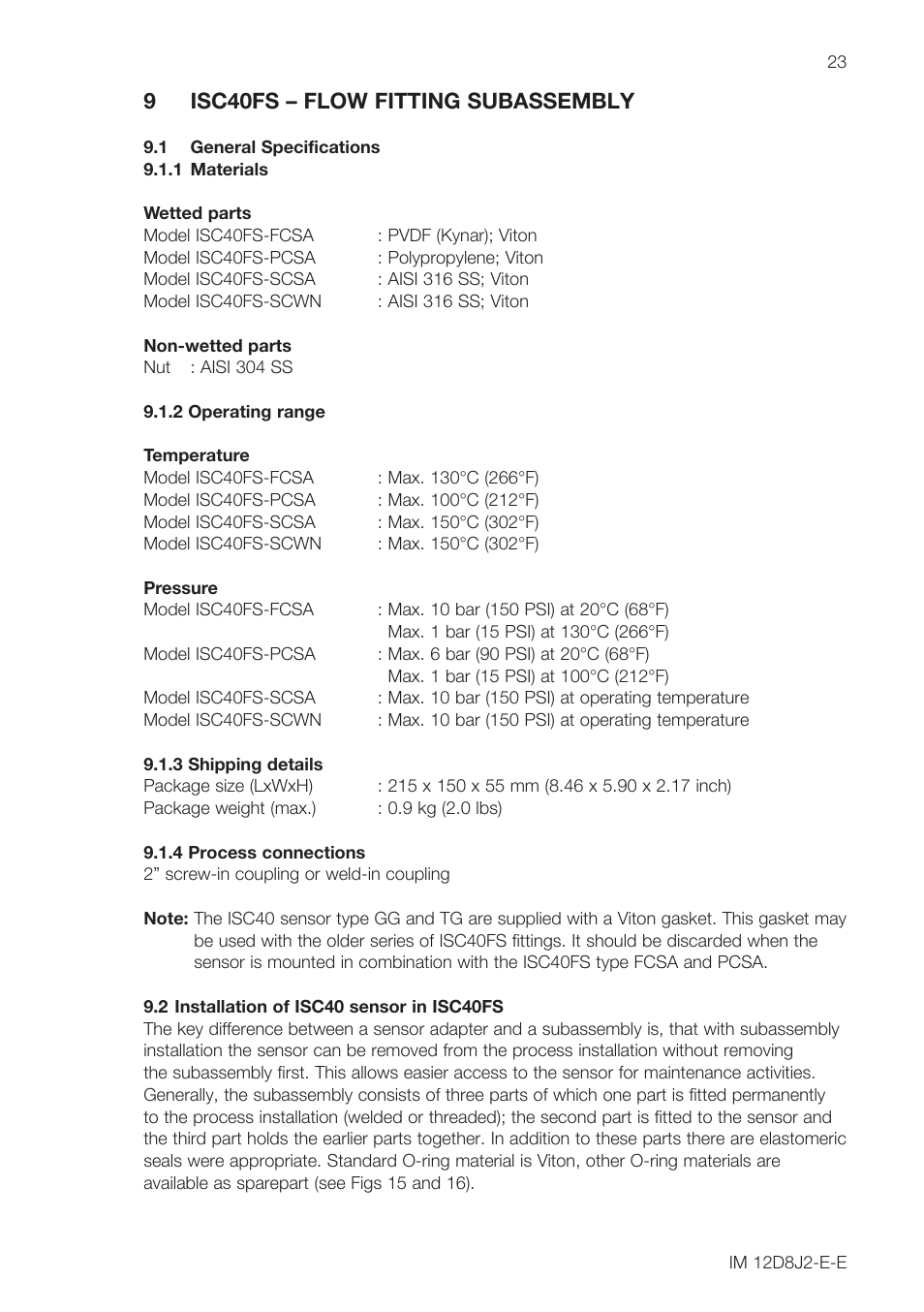 9 isc40fs – flow fitting subassembly | Yokogawa ISC40 Inductive Conductivity Sensor User Manual | Page 23 / 36