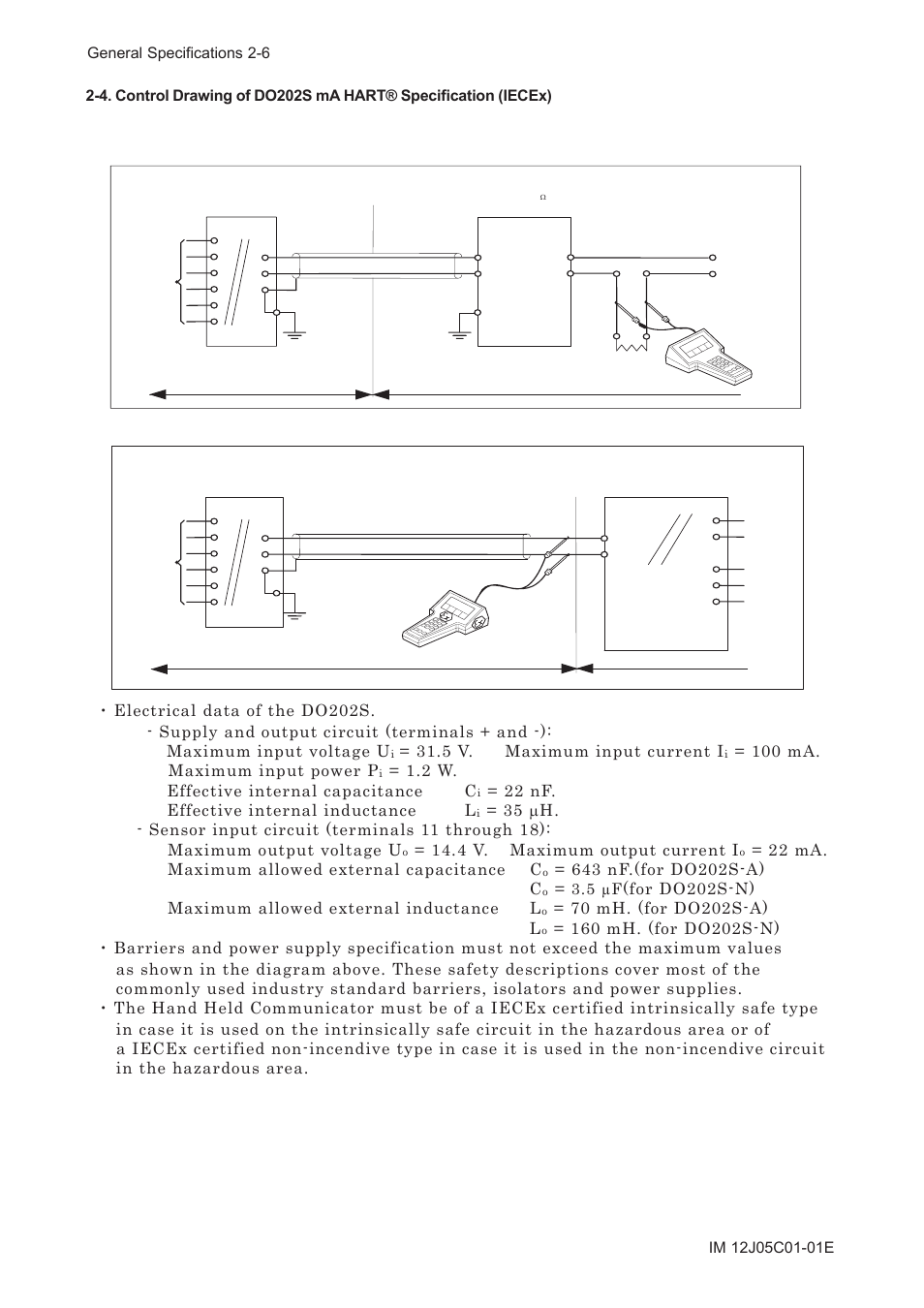 5 v. maximum input current i, 100 ma. maximum input power p, 2 w. effective internal capacitance c | 22 nf. effective internal inductance l, 4 v. maximum output current i, 22 ma. maximum allowed external capacitance c | Yokogawa DO202 2-Wire Dissolved Oxygen Analyzer User Manual | Page 17 / 90