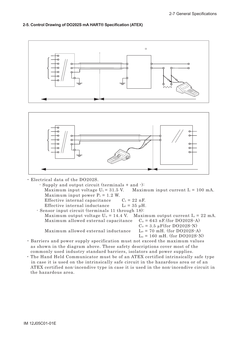 5 v. maximum input current i, 100 ma. maximum input power p, 2 w. effective internal capacitance c | 22 nf. effective internal inductance l, 4 v. maximum output current i, 22 ma. maximum allowed external capacitance c | Yokogawa DO202 2-Wire Dissolved Oxygen Analyzer User Manual | Page 18 / 90