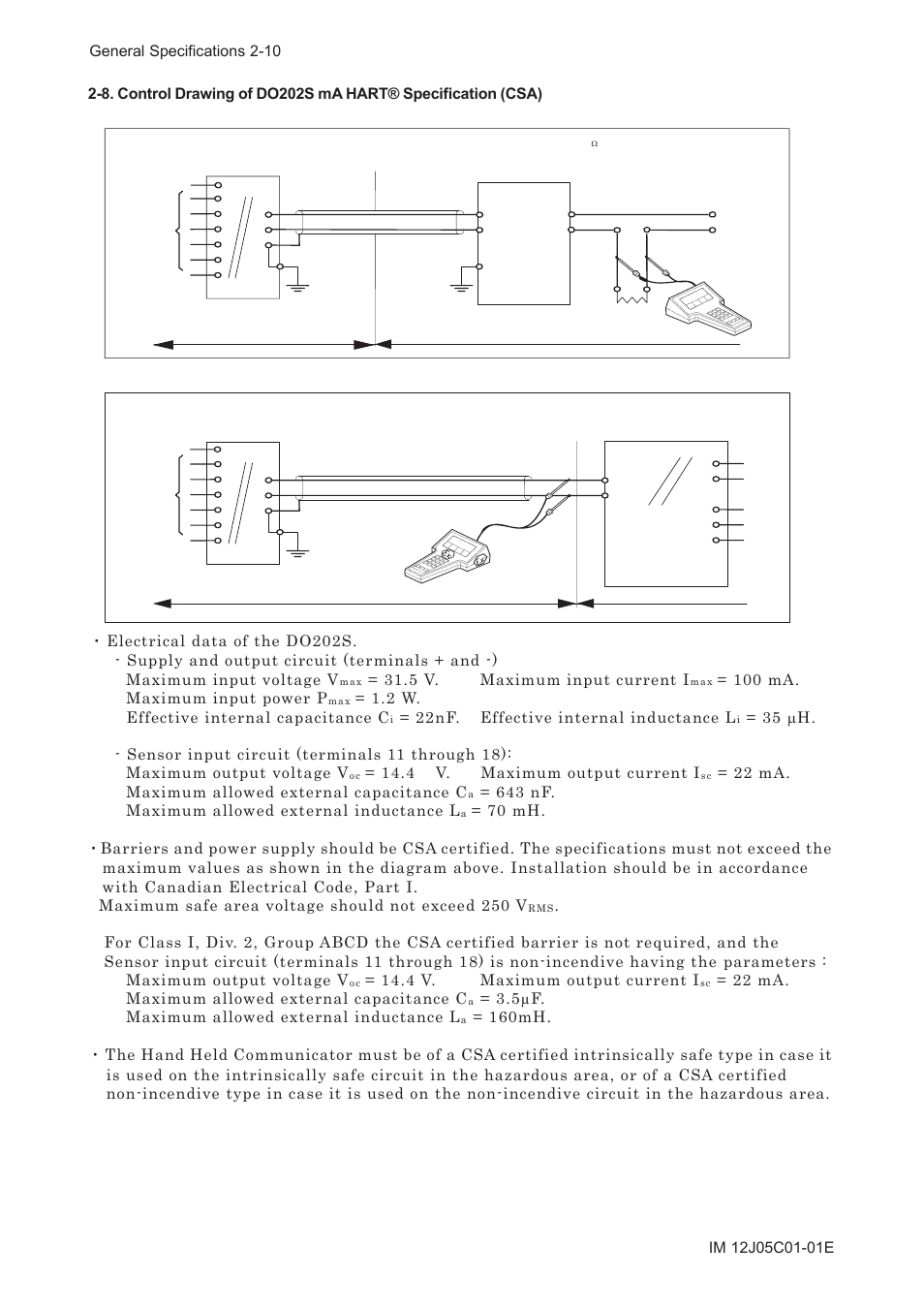 5 v. maximum input current i, 100 ma. maximum input power p, 2 w. effective internal capacitance c | 22nf. effective internal inductance l, 4 v. maximum output current i, 22 ma. maximum allowed external capacitance c, 643 nf. maximum allowed external inductance l, 5μf. maximum allowed external inductance l | Yokogawa DO202 2-Wire Dissolved Oxygen Analyzer User Manual | Page 21 / 90