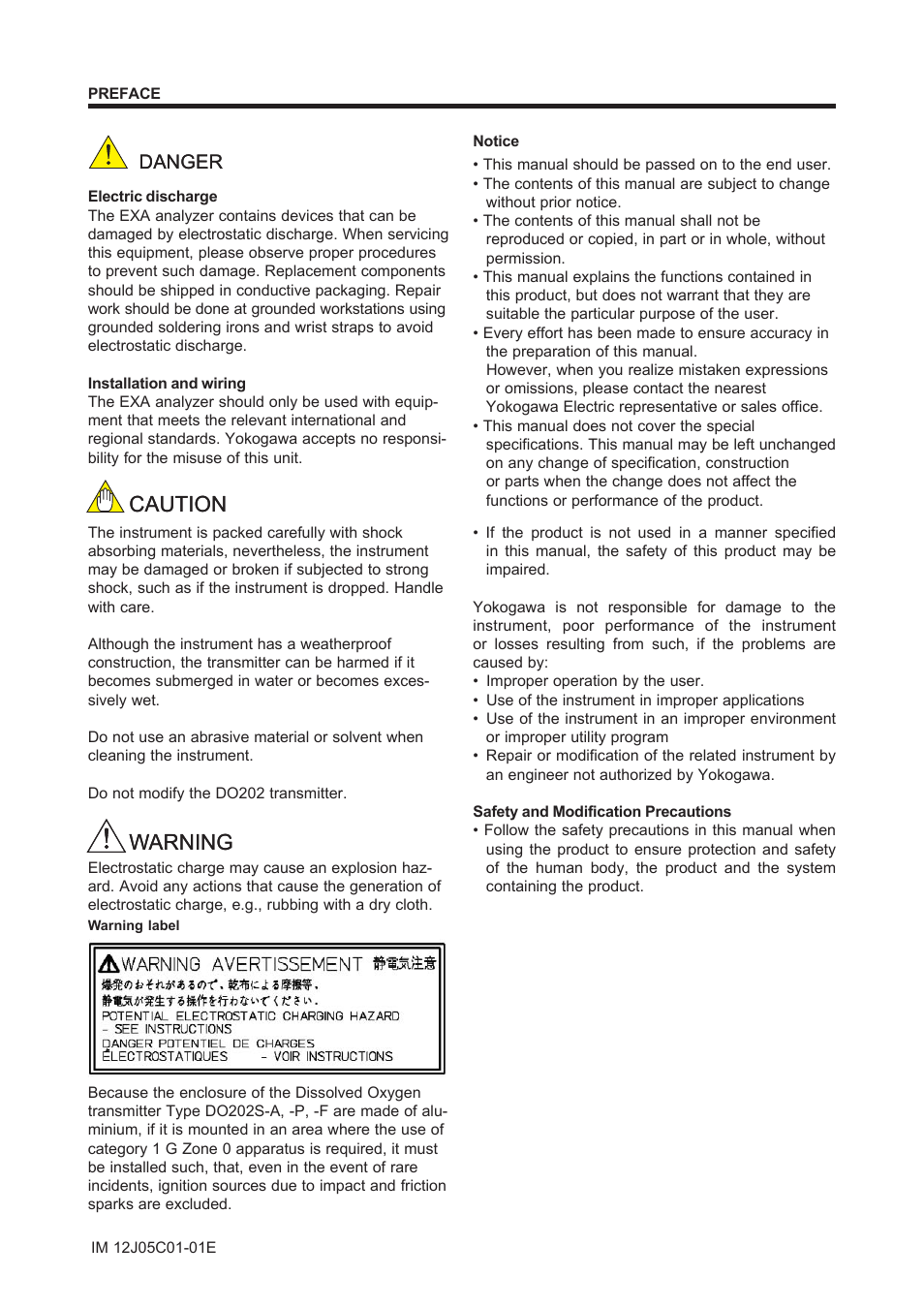 Caution, Caution warning warning, Danger | Yokogawa DO202 2-Wire Dissolved Oxygen Analyzer User Manual | Page 4 / 90