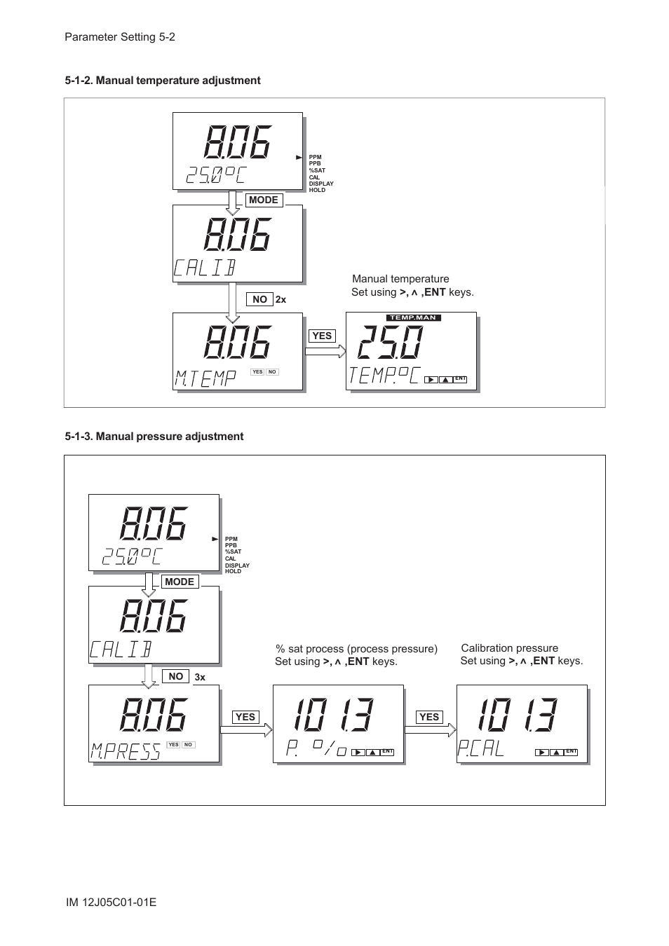 1-2. manual temperature adjjustment, 1-3. manual pressure adjjustment, 1-3. manual pressure adjustment | Set using >, ,ent keys. manual temperature | Yokogawa DO202 2-Wire Dissolved Oxygen Analyzer User Manual | Page 42 / 90