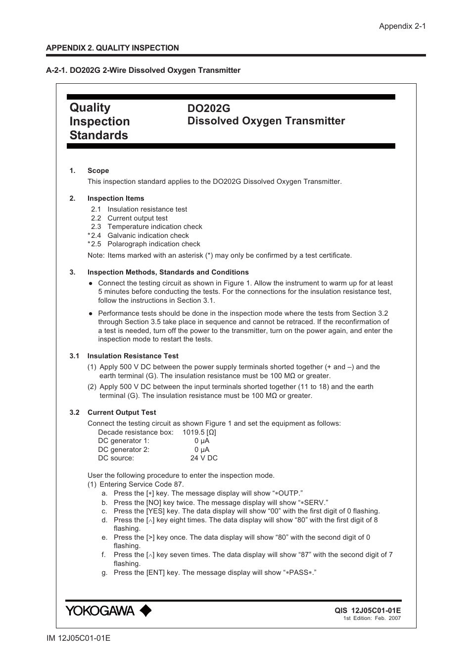 Appendixppendix 2. quality inspection, A-2-1. do202g 2-wire dissolved oxygen transmitter, Quality inspection standards | Do202g dissolved oxygen transmitter | Yokogawa DO202 2-Wire Dissolved Oxygen Analyzer User Manual | Page 66 / 90